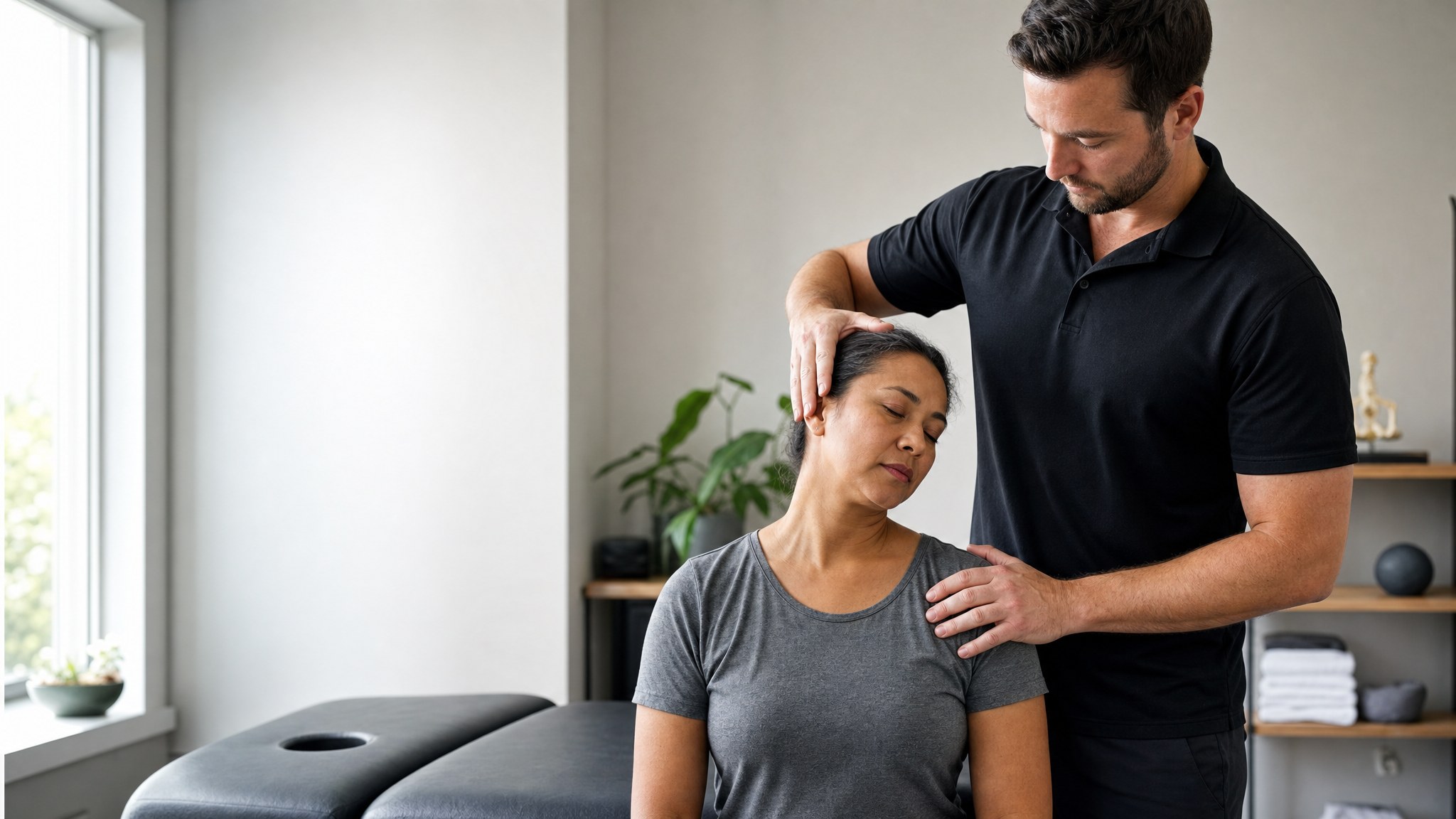Chiropractic assessment in a bright treatment room