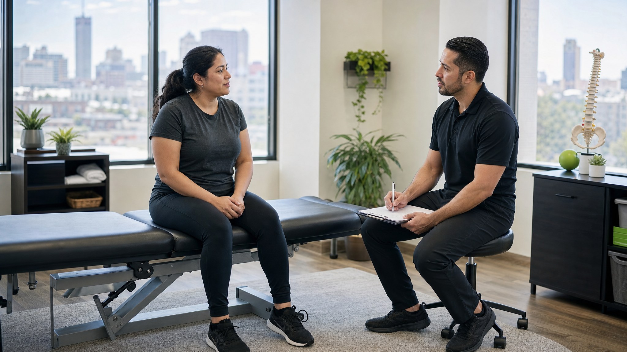 Patient speaking with a chiropractor in a treatment room