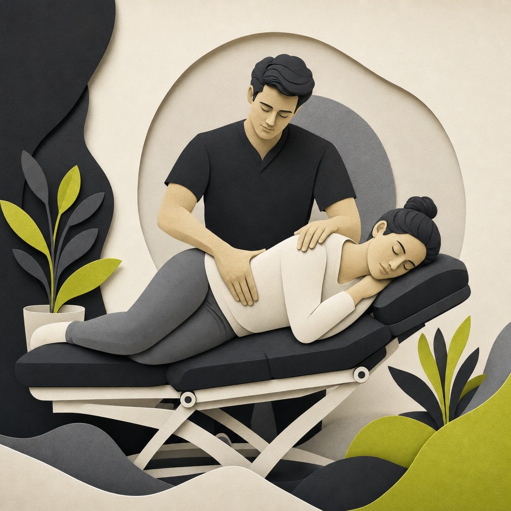 Illustrated gentle chiropractic care on a treatment table