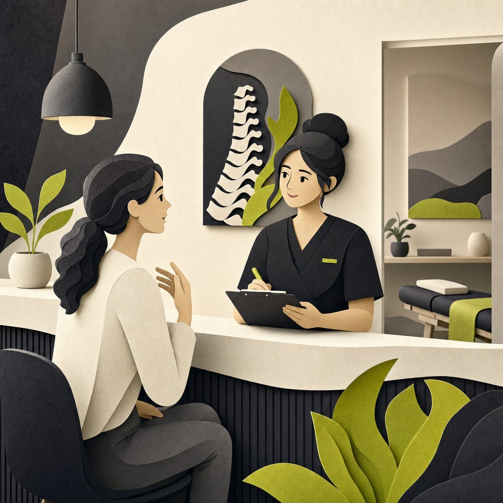 Illustrated patient sharing her concerns at a chiropractic clinic