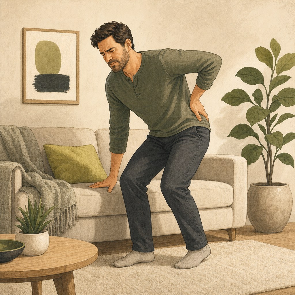 Man standing from a sofa with lower back stiffness