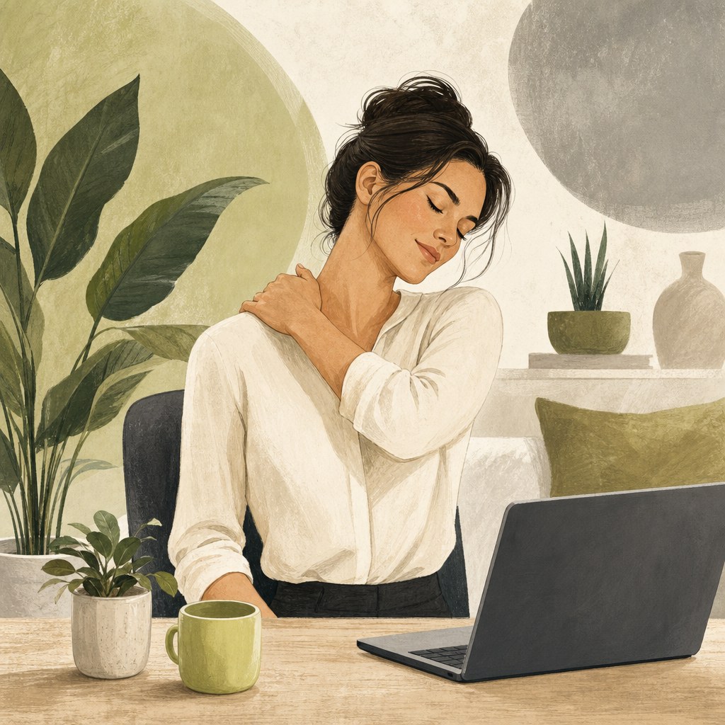 Woman with neck and shoulder tension while working at a desk