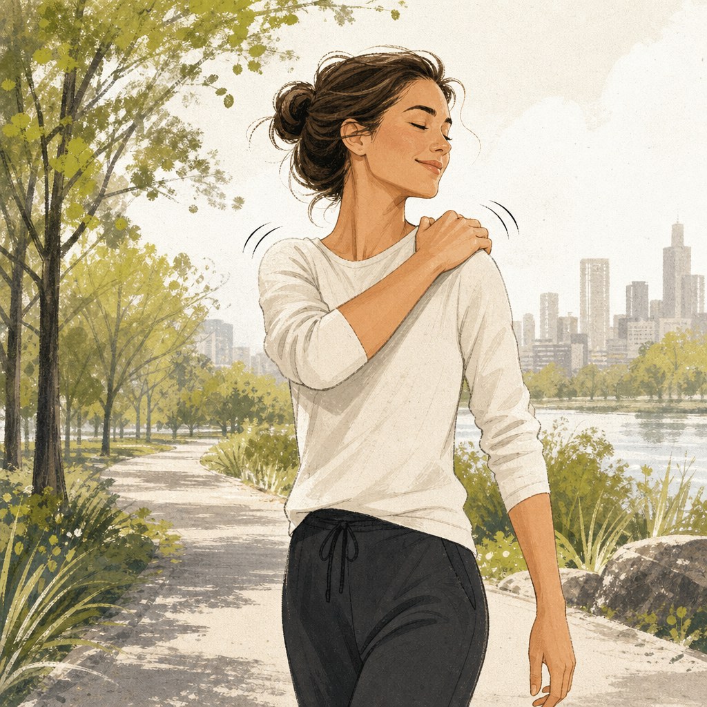 Woman relaxing her shoulders while walking outdoors