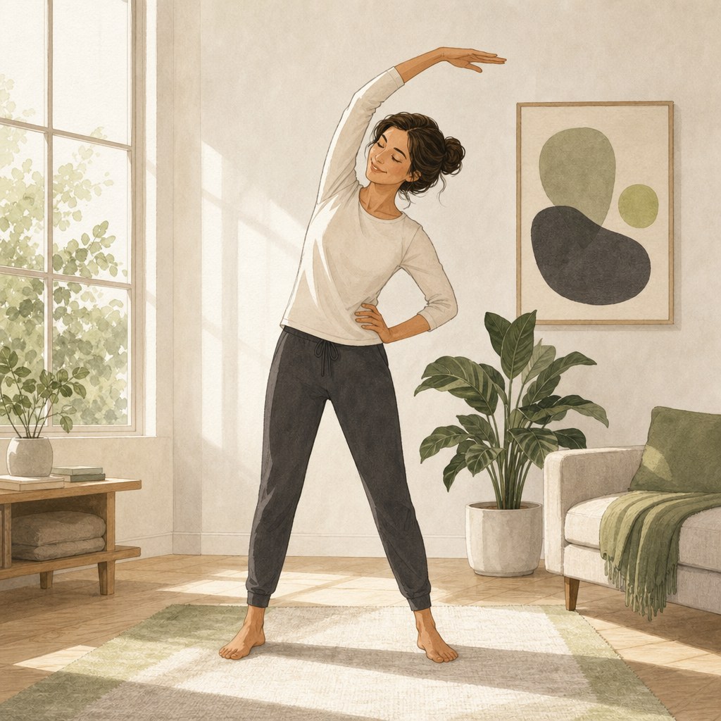 Woman doing a gentle standing stretch at home