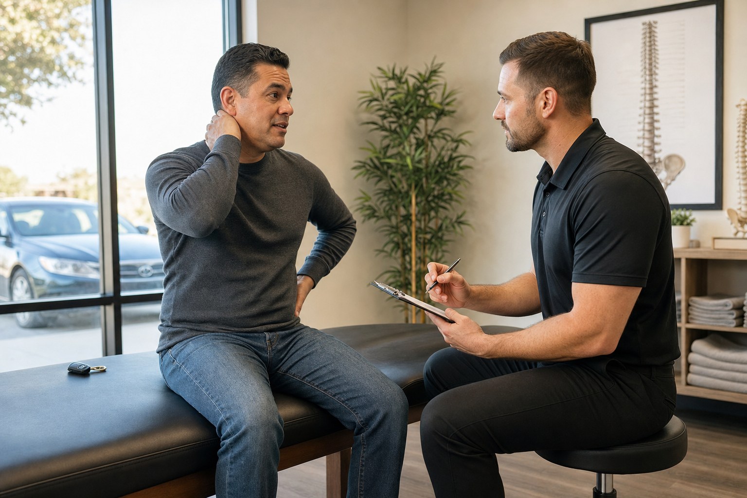 Patient discussing car accident neck pain with a chiropractor