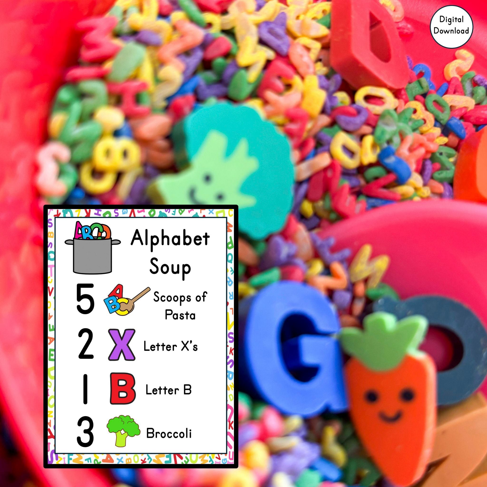 Alphabet Soup Recipe Cards for sensory bin counting and letter play