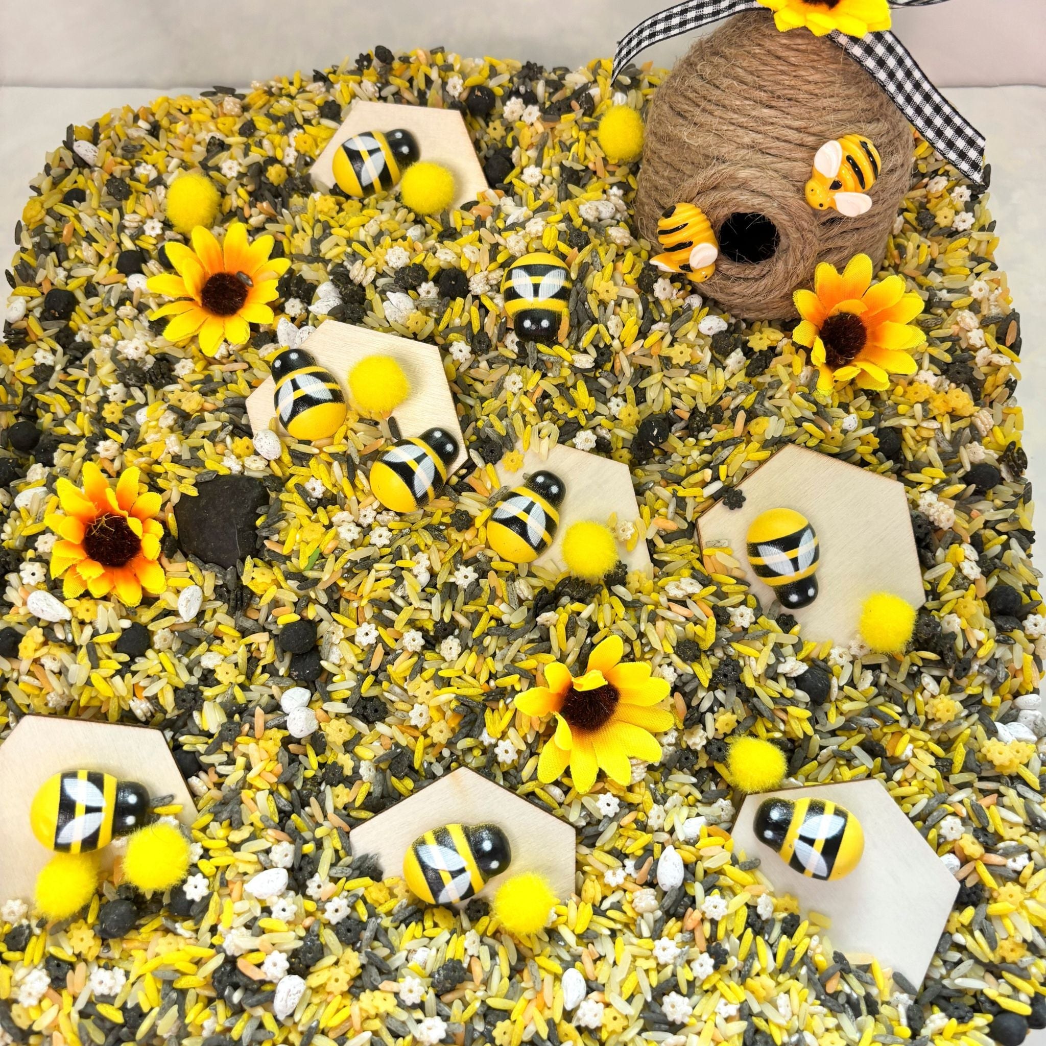 Bee sensory kit with colorful materials for preschool play