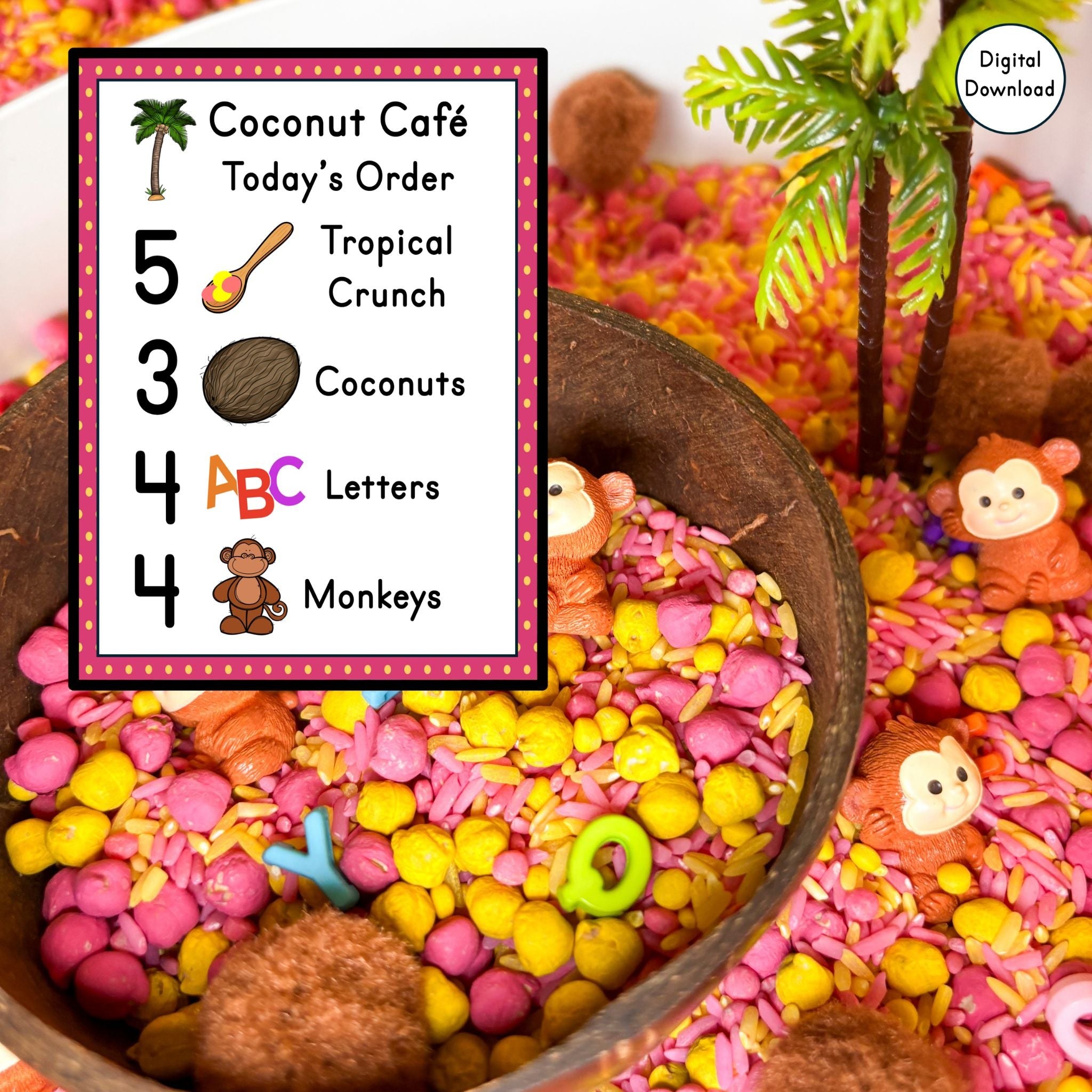Coconut Cafe printable activities for counting and alphabet matching