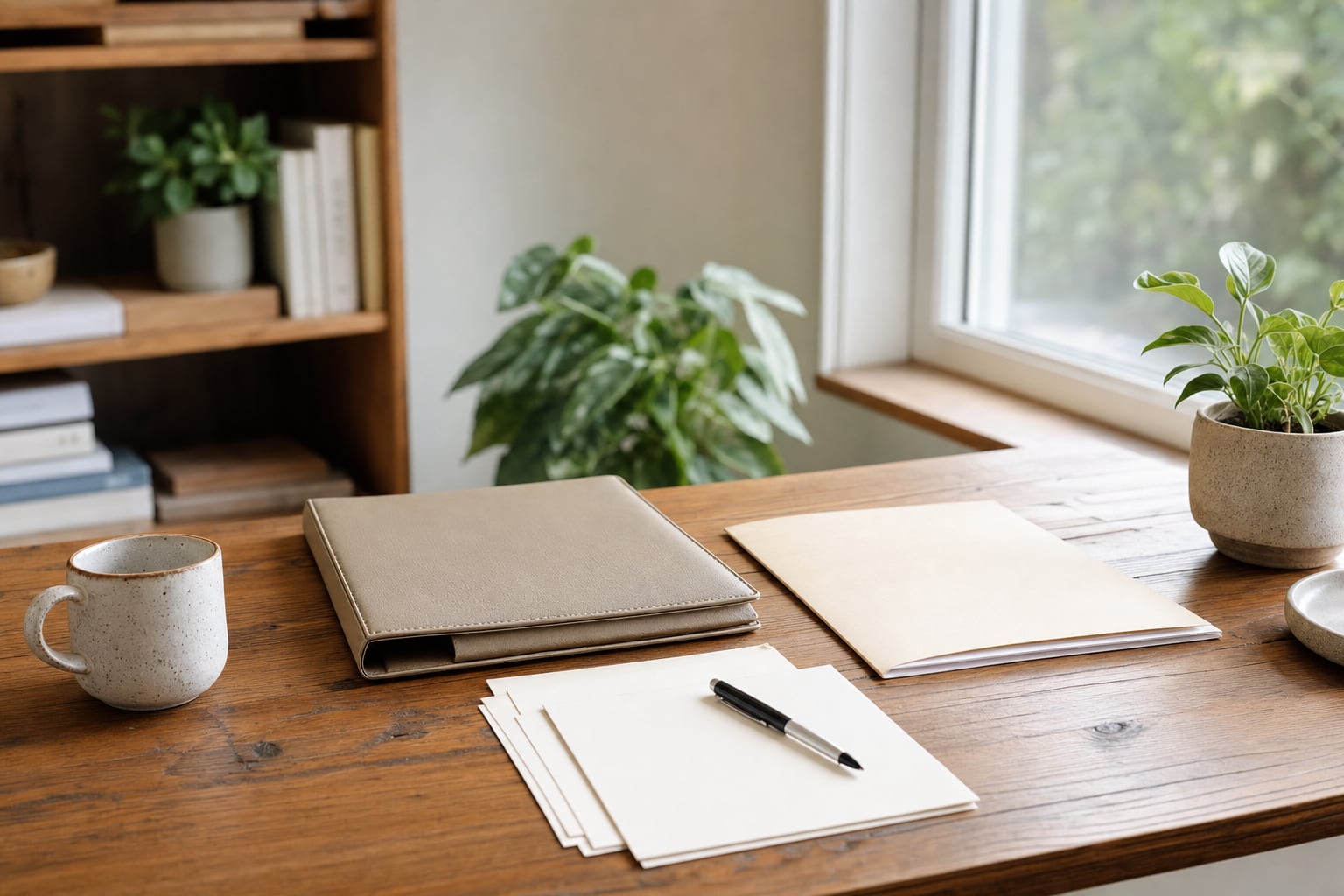 Organized folders and a blank notebook on a home desk