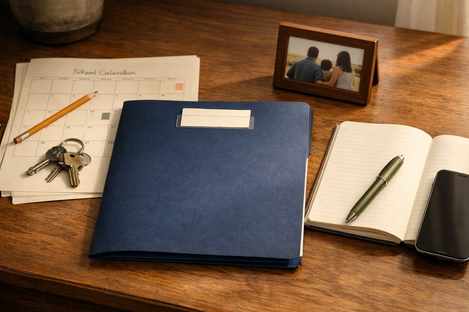 Organized family folder, house keys, notebook, and phone on a home desk