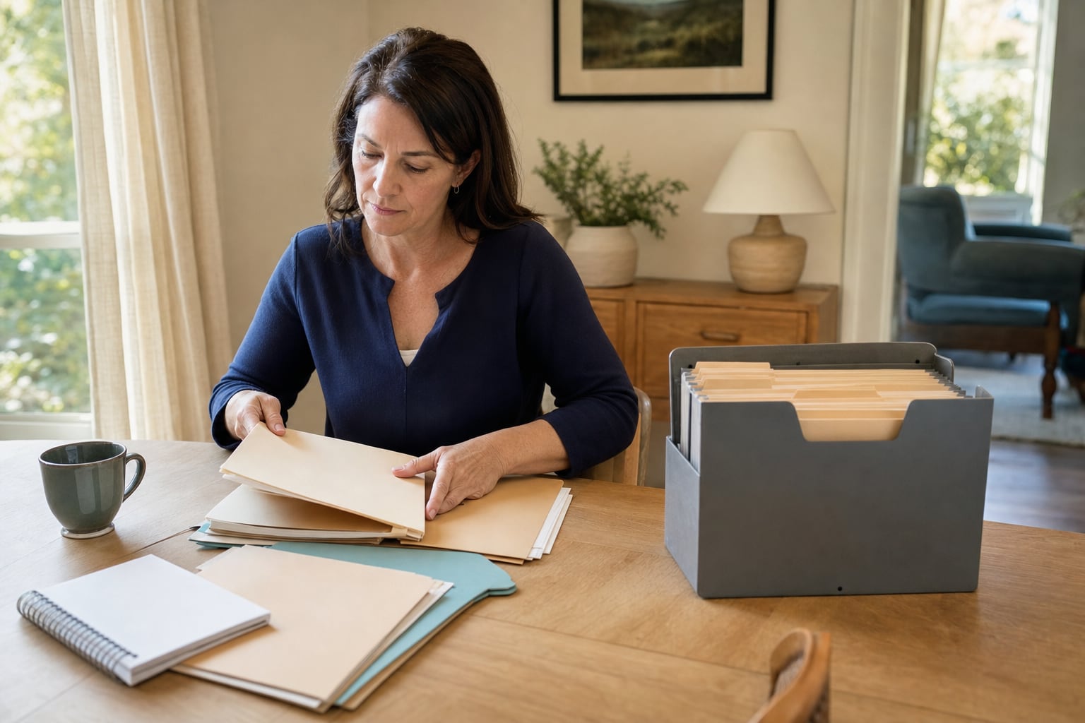 Woman organizing folders and a notebook at a dining table