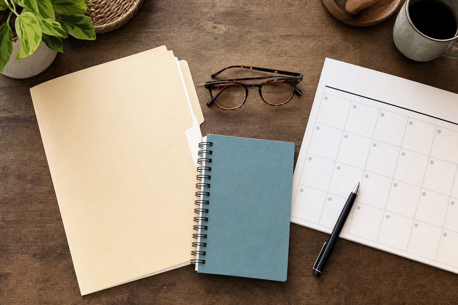 Folders, notebook, calendar, pen, and glasses arranged on a desk