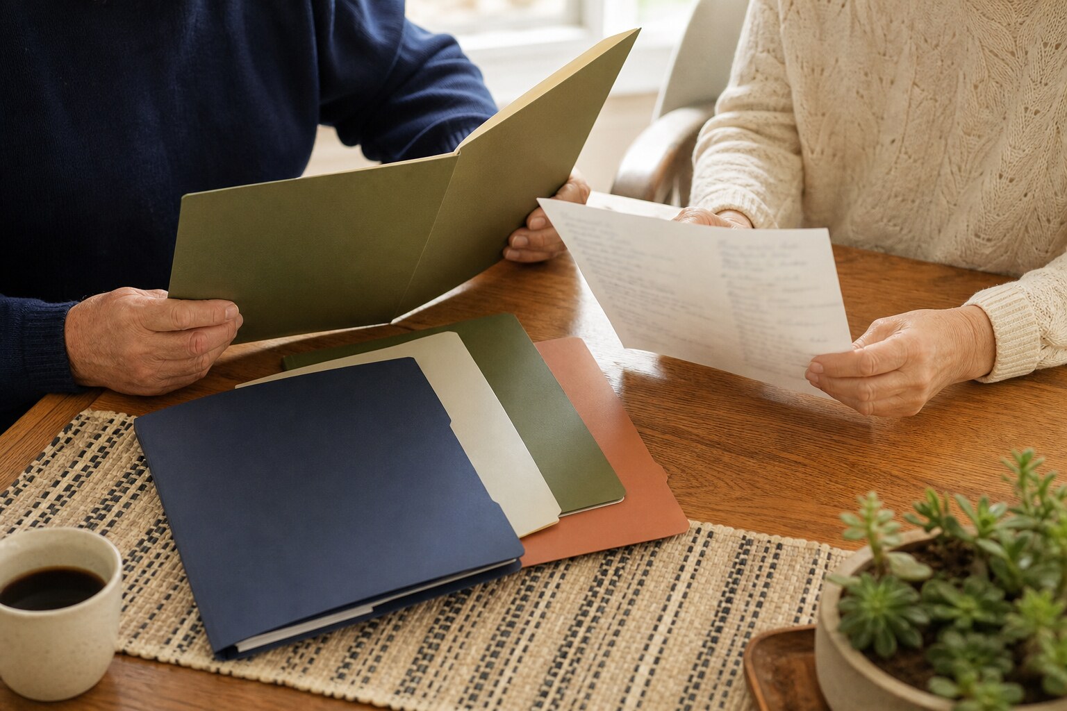 Two adults reviewing organized folders and personal papers at a dining table