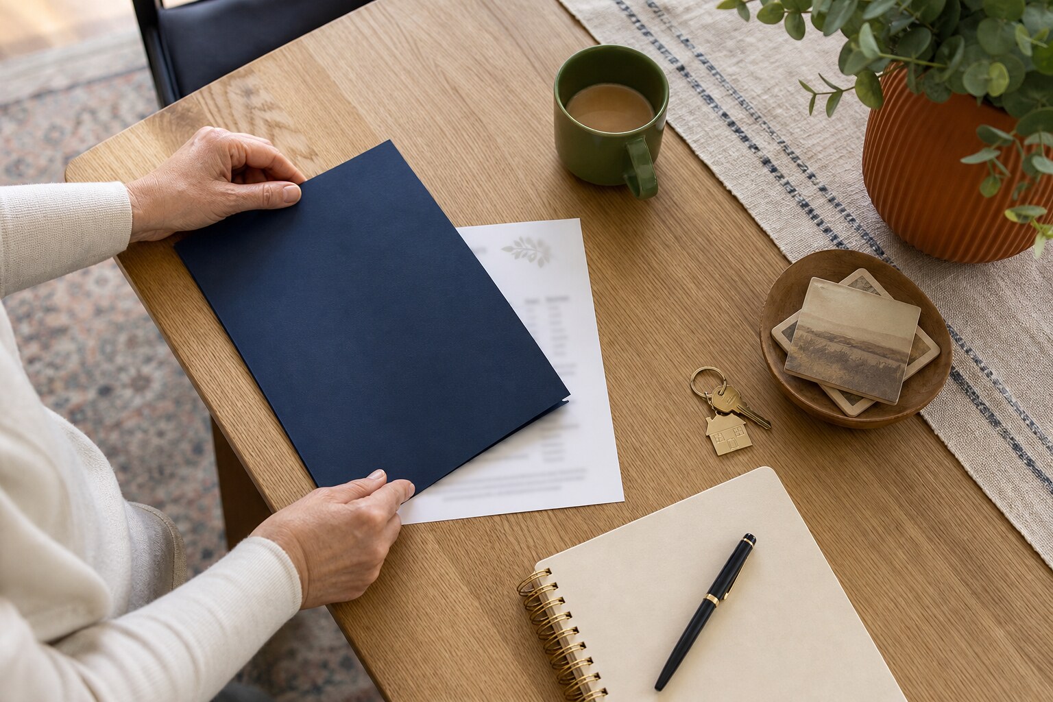 Hands organizing a navy folder, notebook, house key, and family papers on a table