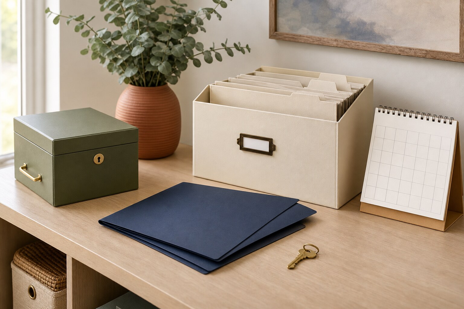 Secure document box with navy folders and a calendar on a tidy shelf