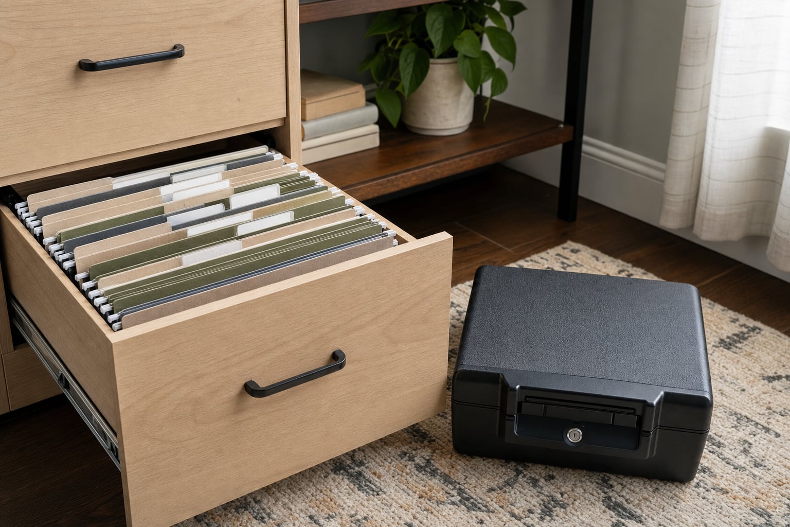 Organized home filing drawer next to a secure document box