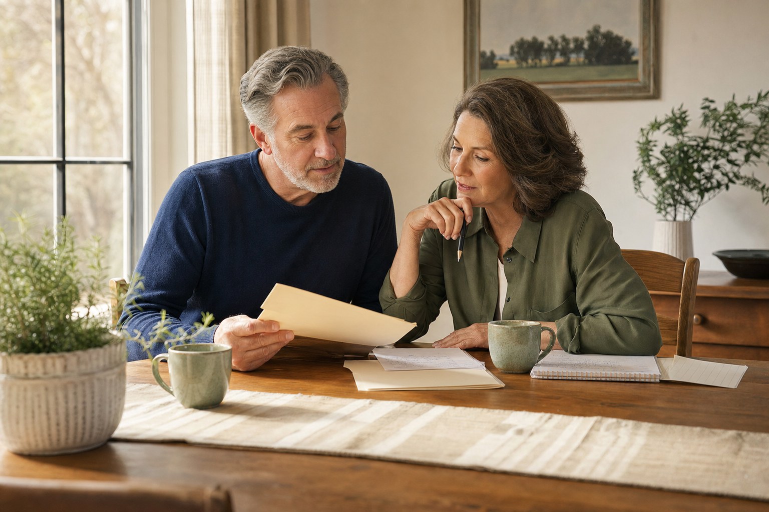 Couple reviewing household papers together at their dining table