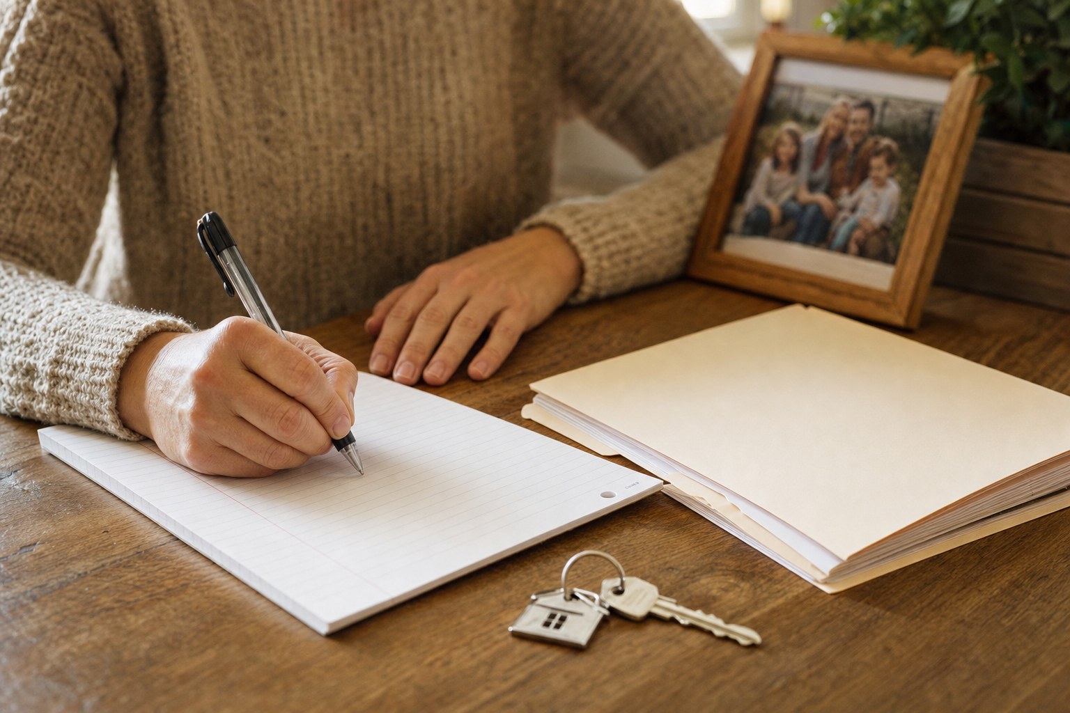Household paperwork, a key, and a family photo arranged on a kitchen table