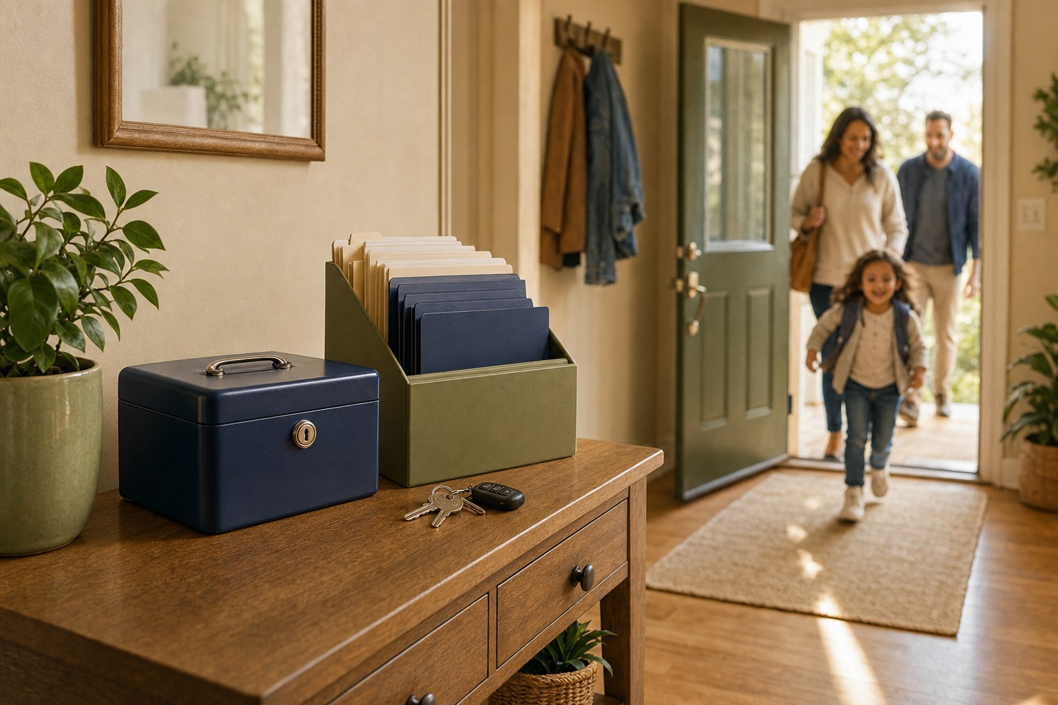 Secure document box and organized household folder in a home entryway