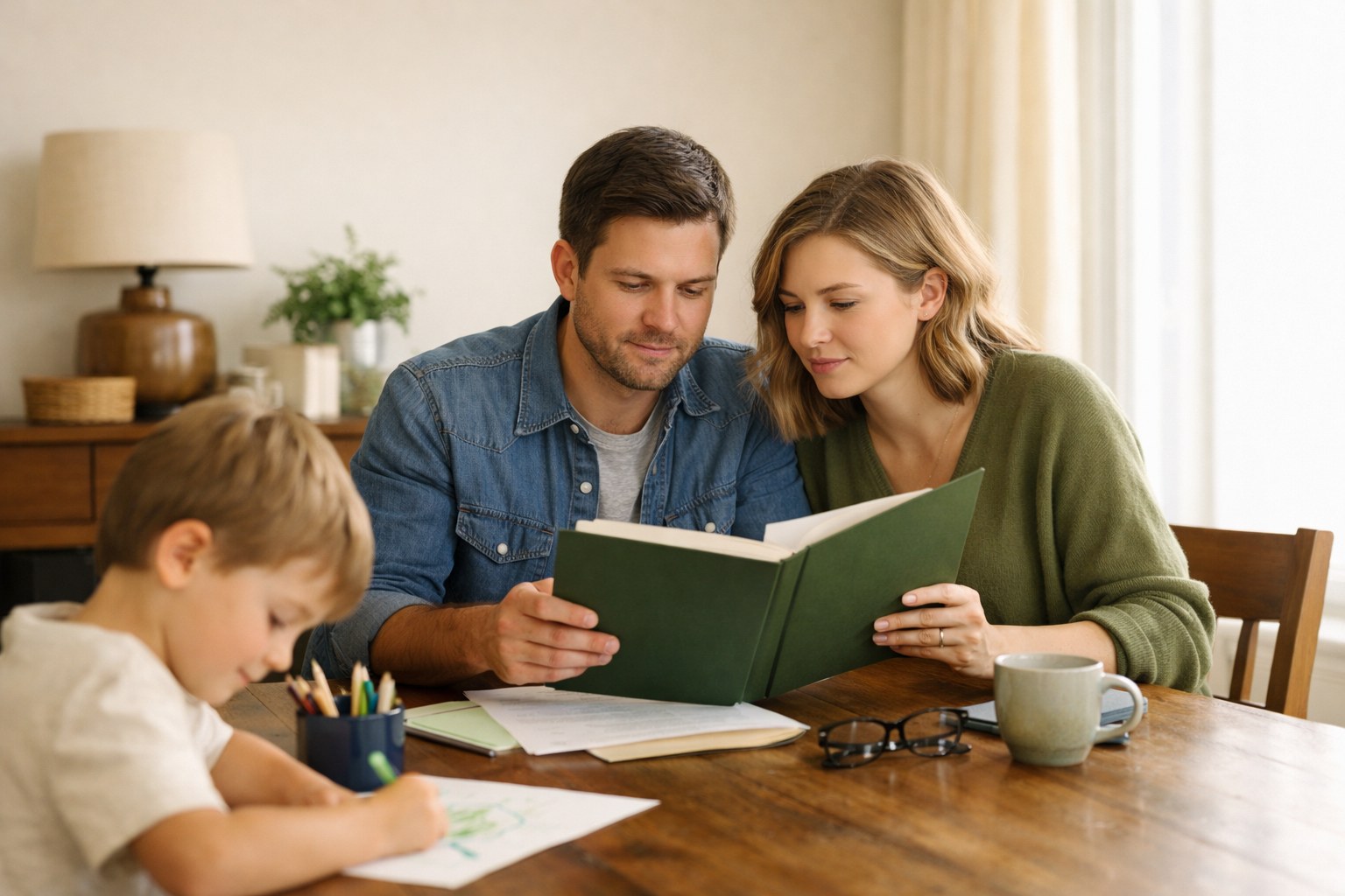 Parents calmly reviewing family papers while their child draws nearby