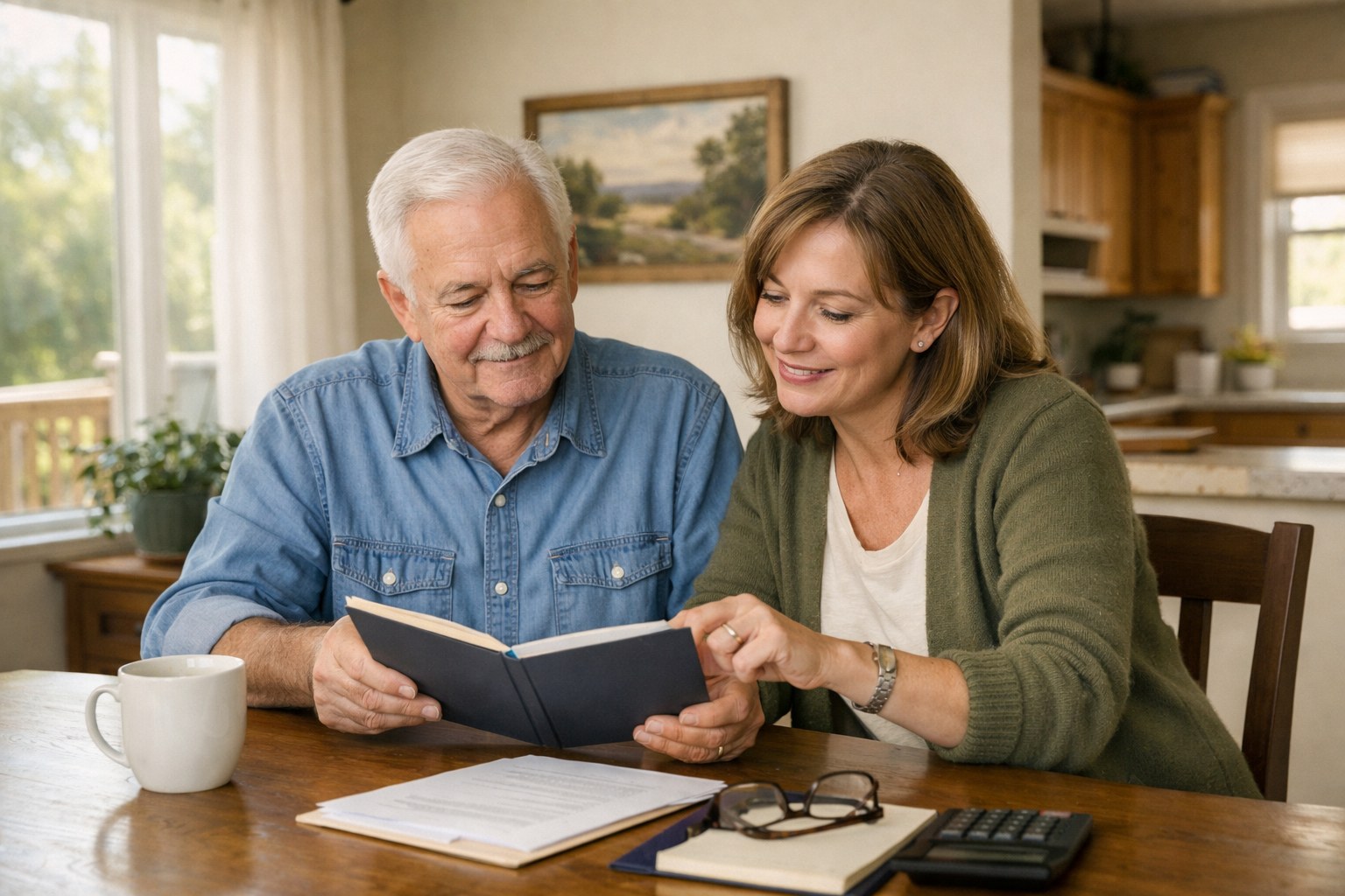 Older adult and adult daughter calmly reviewing financial documents at home