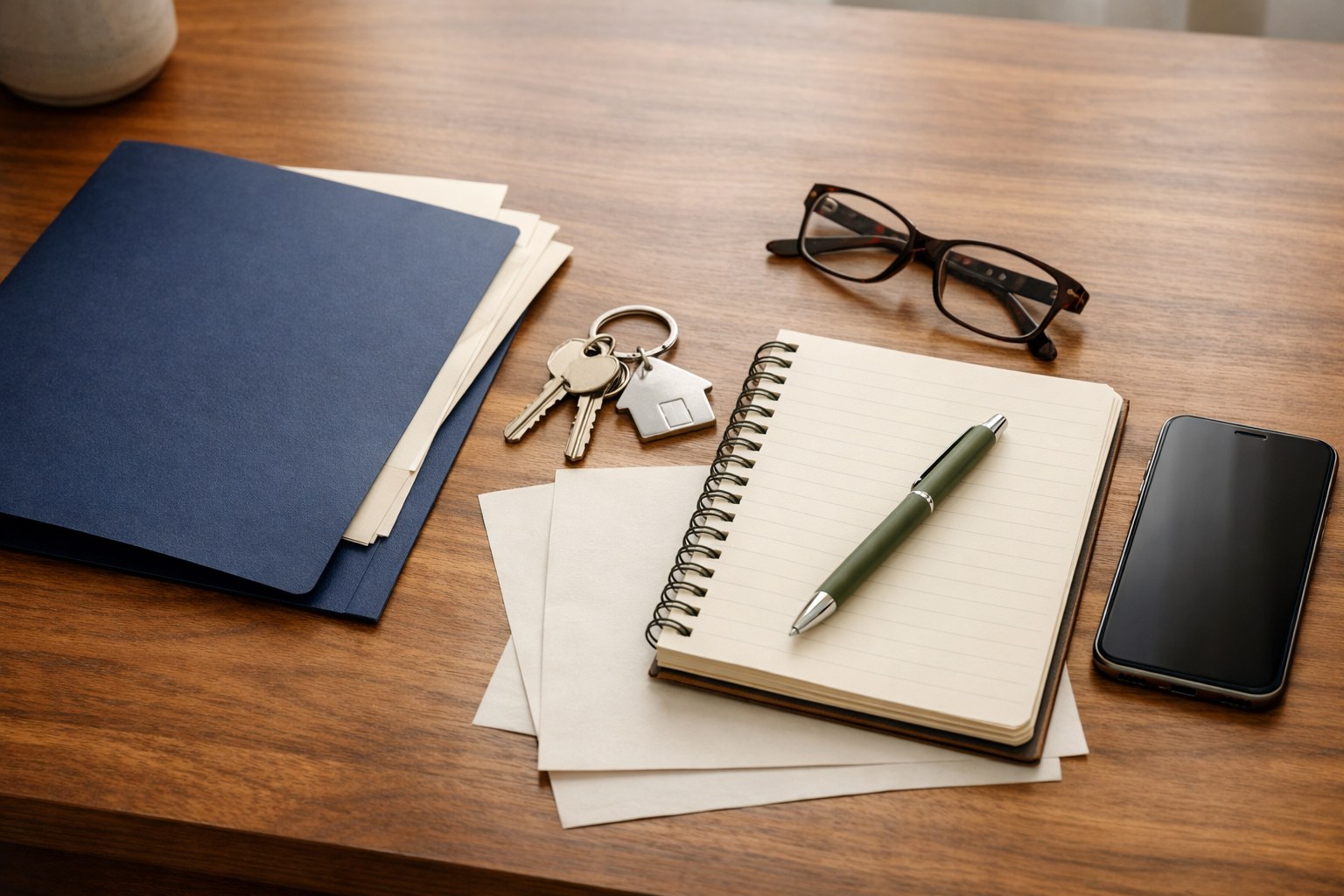 Organized folder, house keys, notebook, and phone on a home desk