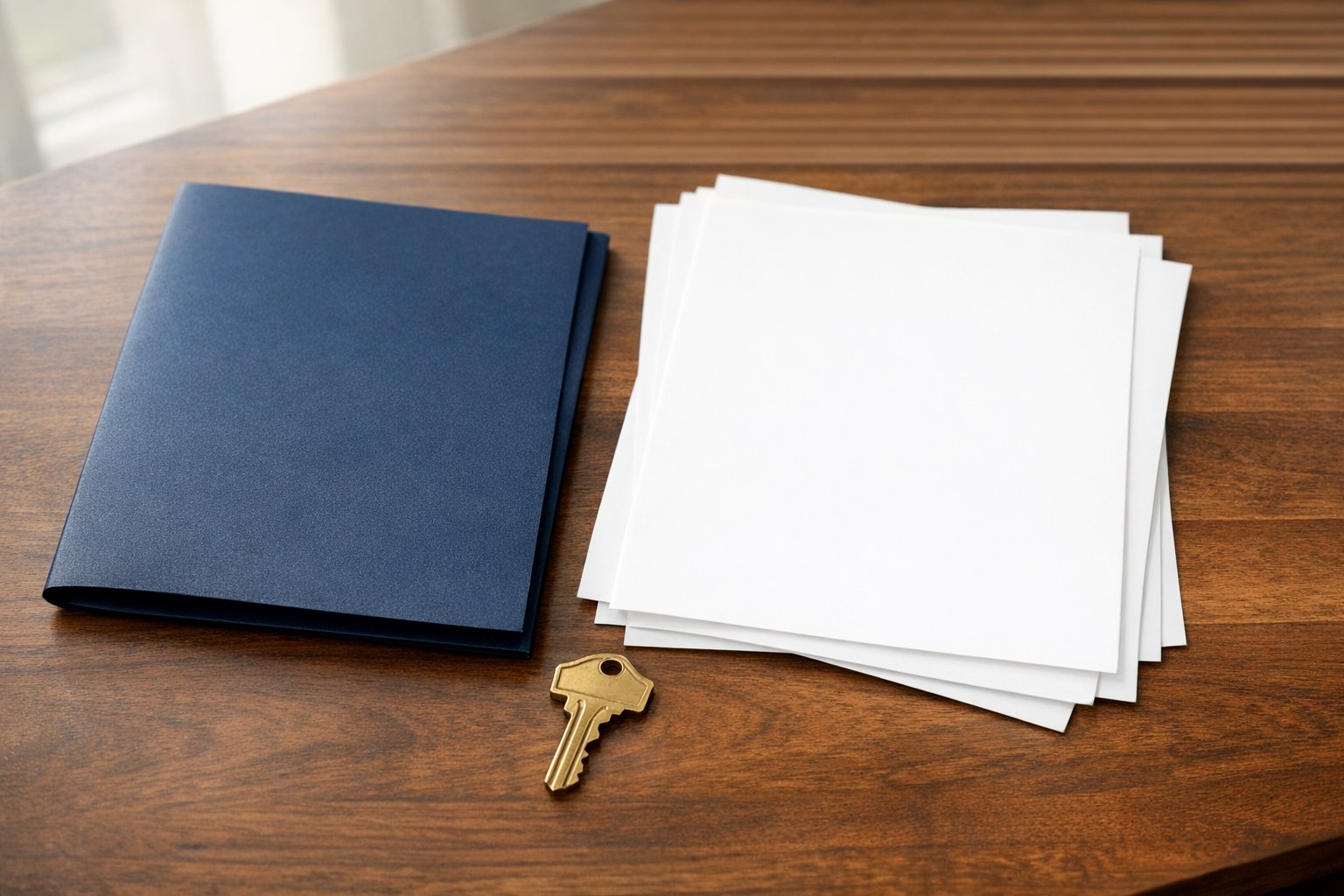Blank navy document folder, house key, and blank papers on a wood table