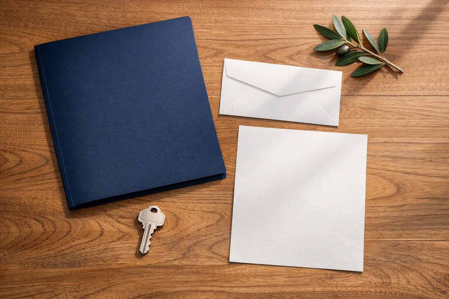 Navy document folder, blank envelope, house key, and blank paper arranged on a wood table