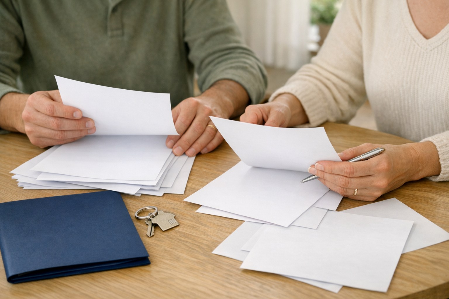 Two adults reviewing blank property papers beside a navy folder and house key