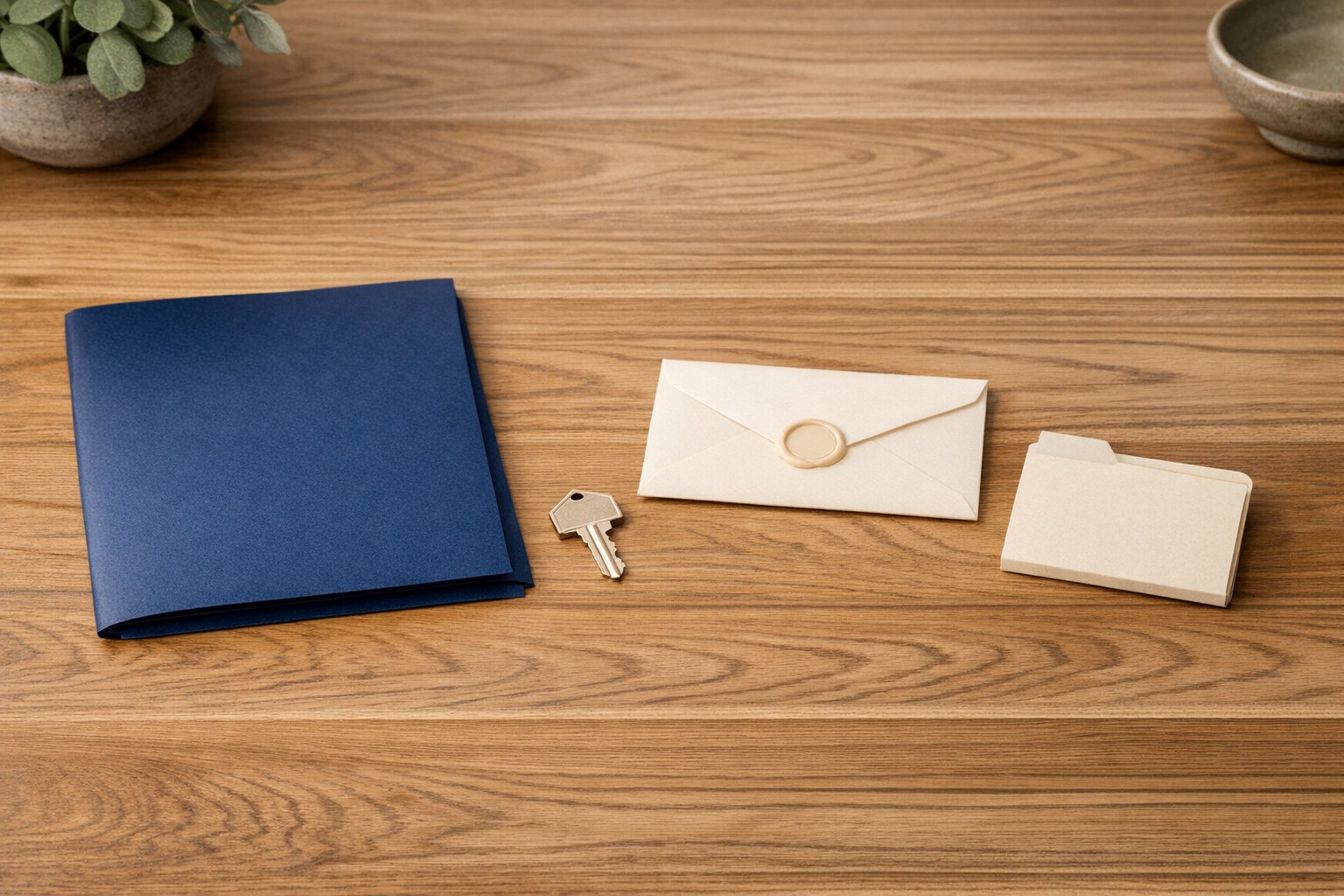 Blank navy document folder, house key, and sealed envelope on a warm wood table