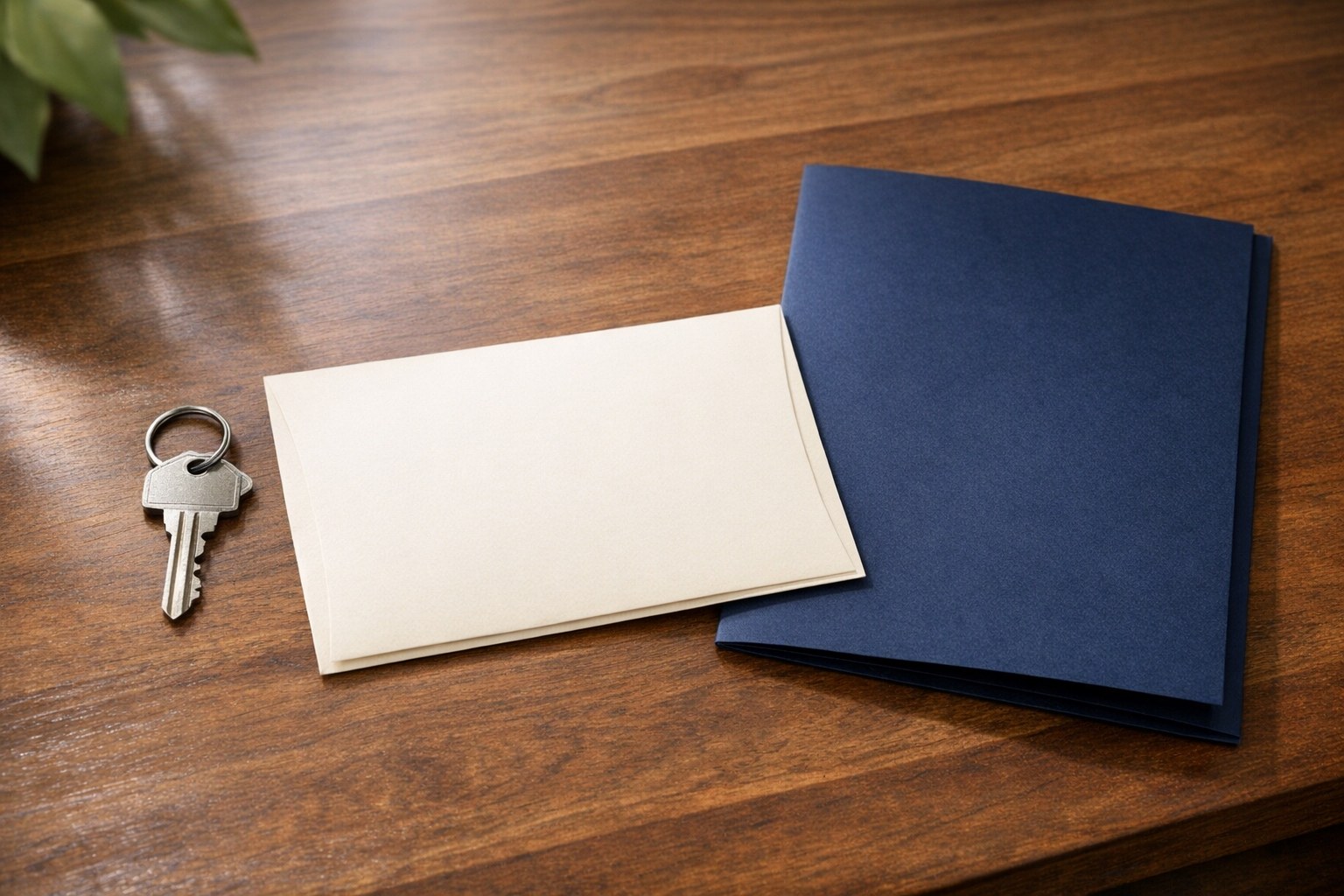 House key beside a blank envelope and navy folder on a wood table