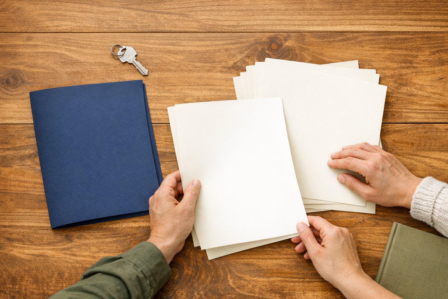 Two adults organizing blank papers beside a navy folder and house key on a wood table