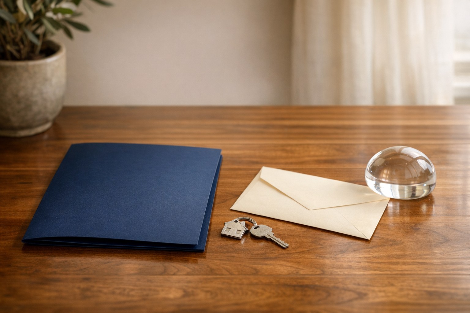 A blank navy estate-planning folder with a house key and document envelope on a wood table