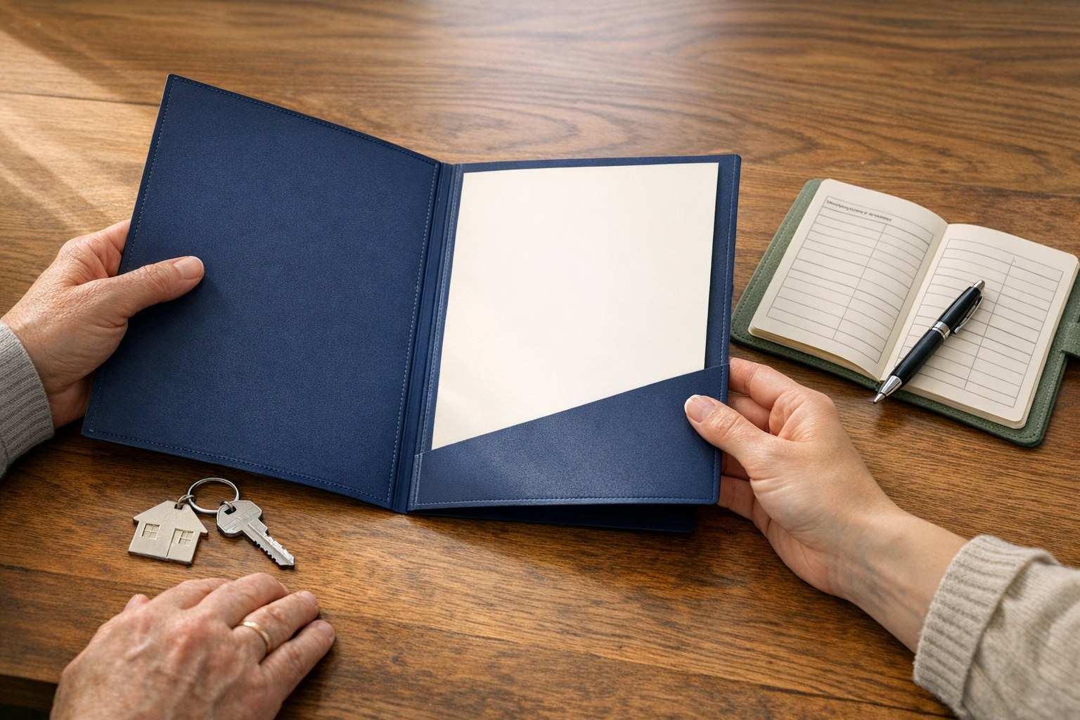 Two adults reviewing a blank navy folder, home keys, and an organizer at a wood table