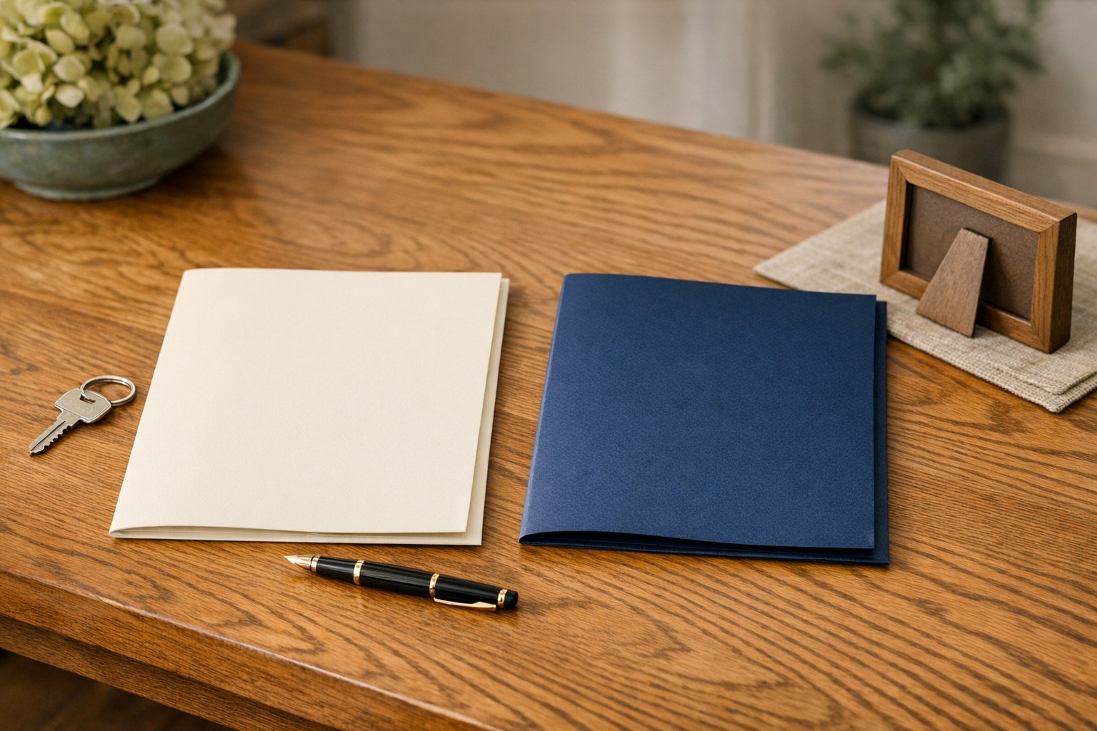 Blank document folders, house keys, and a pen on a wood table
