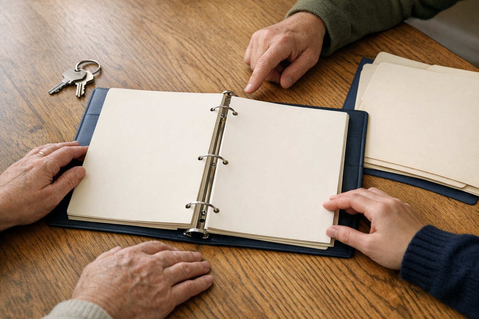 Family members reviewing an open blank binder and folders around a wood table