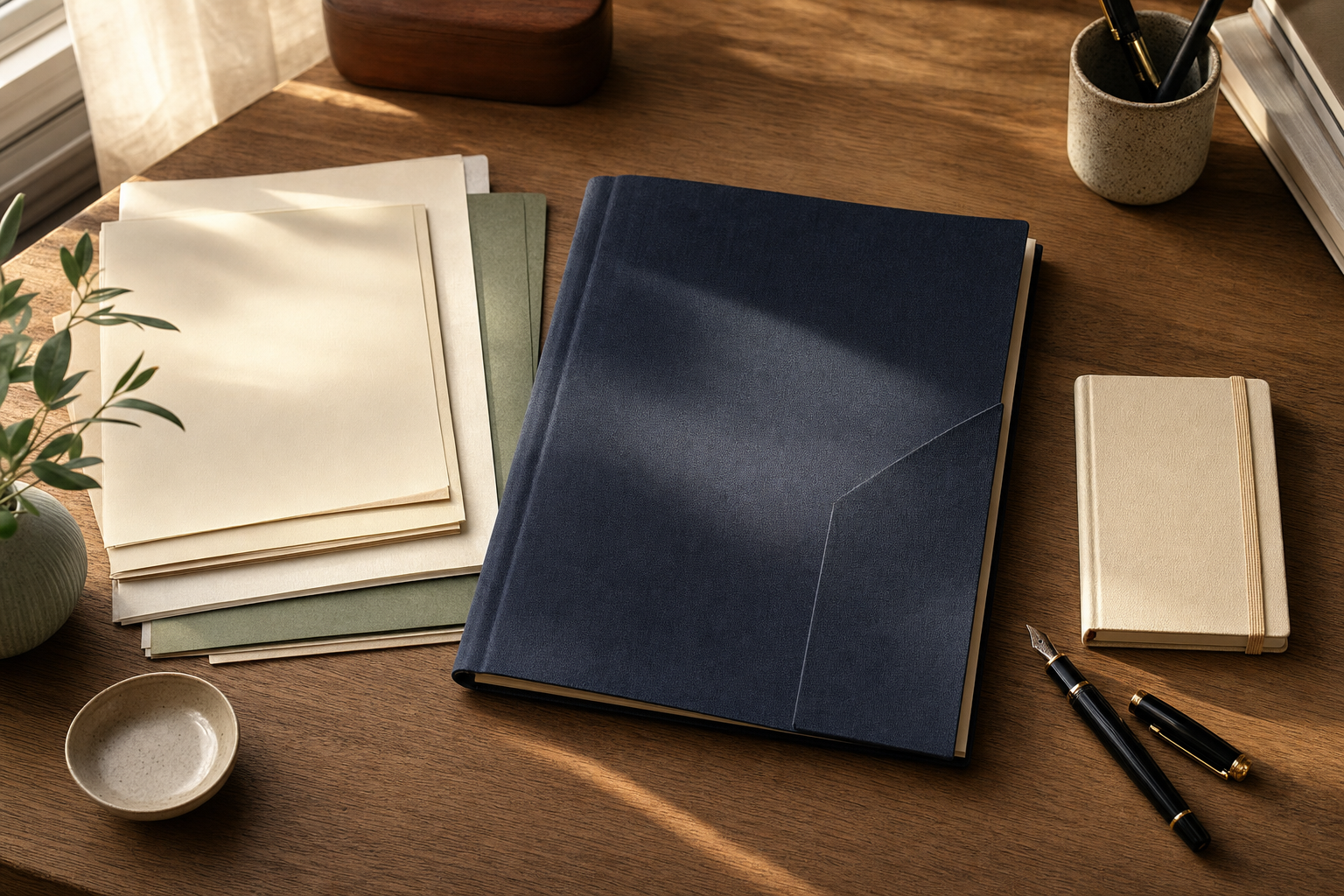 Organized folders, notebook, and pen on a desk