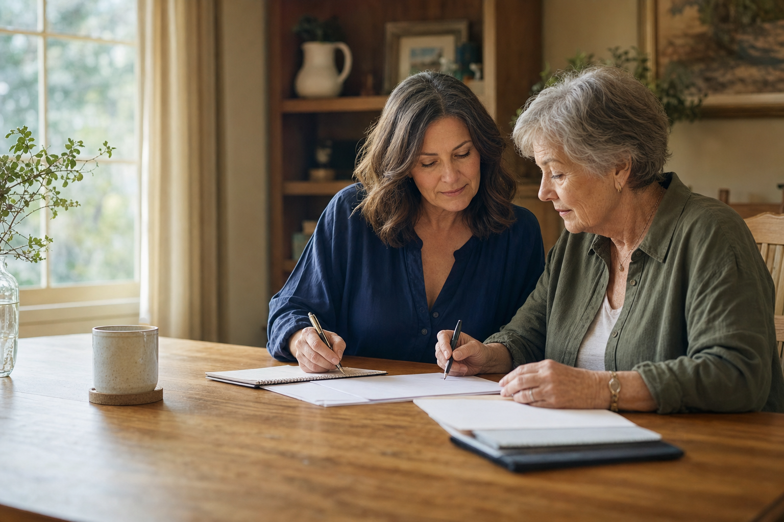 A mother and daughter reviewing documents together at a table