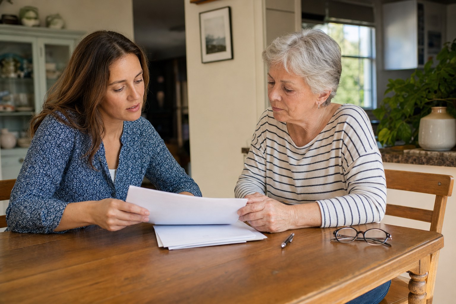 An adult daughter and her mother reviewing documents together at a table