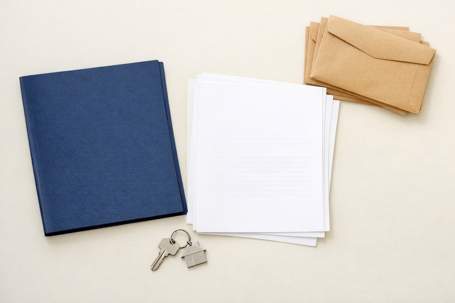 Blank records, a navy folder, envelopes, and house keys arranged on a cream surface