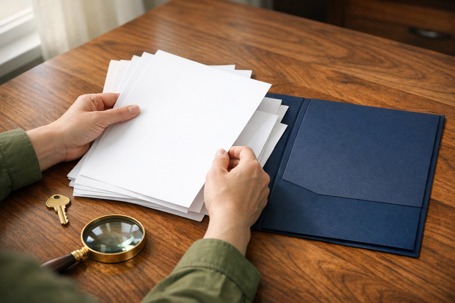 Blank property documents, a navy folder, a key, and a magnifying glass on a wood table