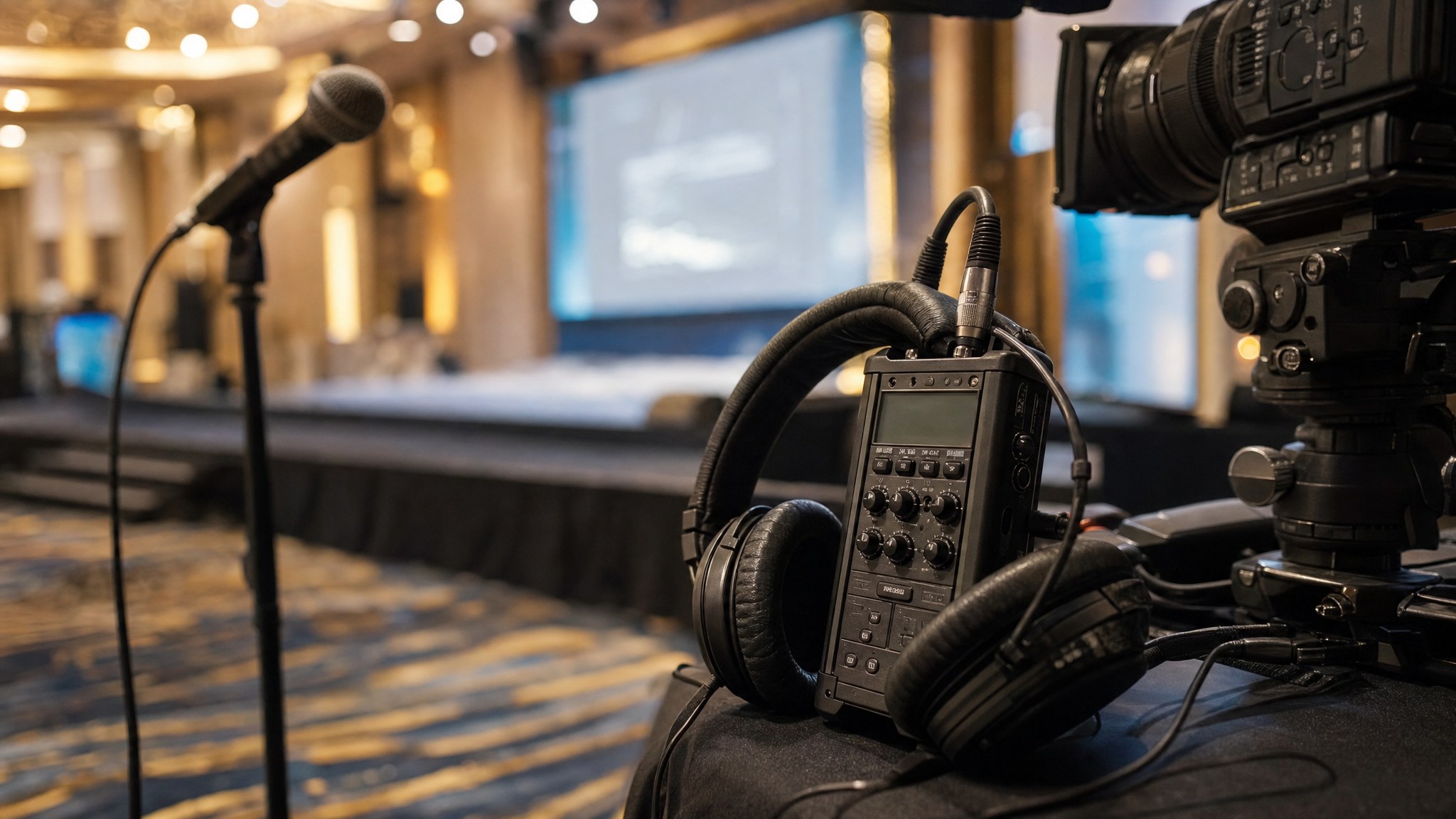 Audio recorder, headphones, microphone, and camera prepared for an event sound check