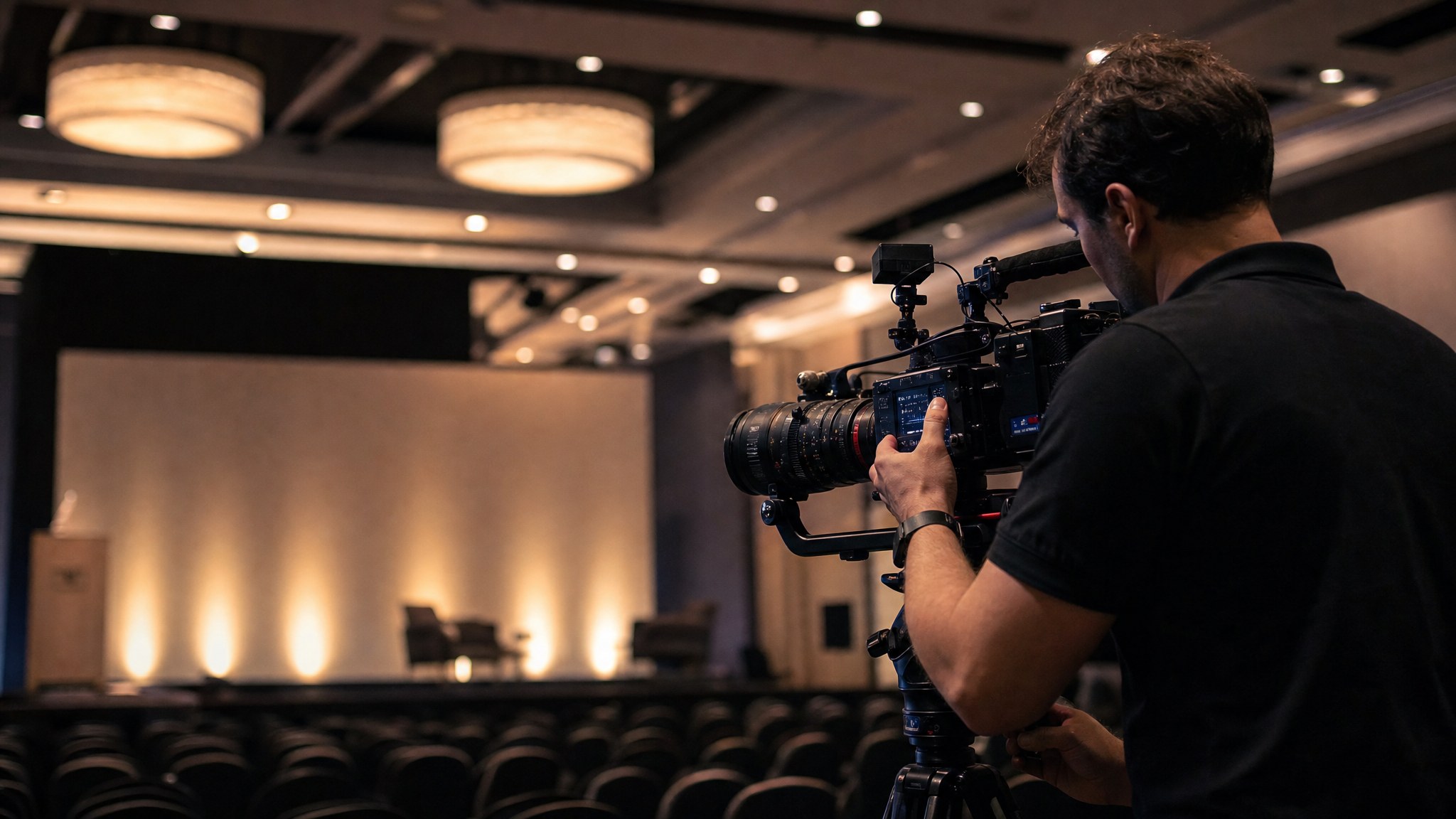 Videographer preparing a cinema camera in an event venue