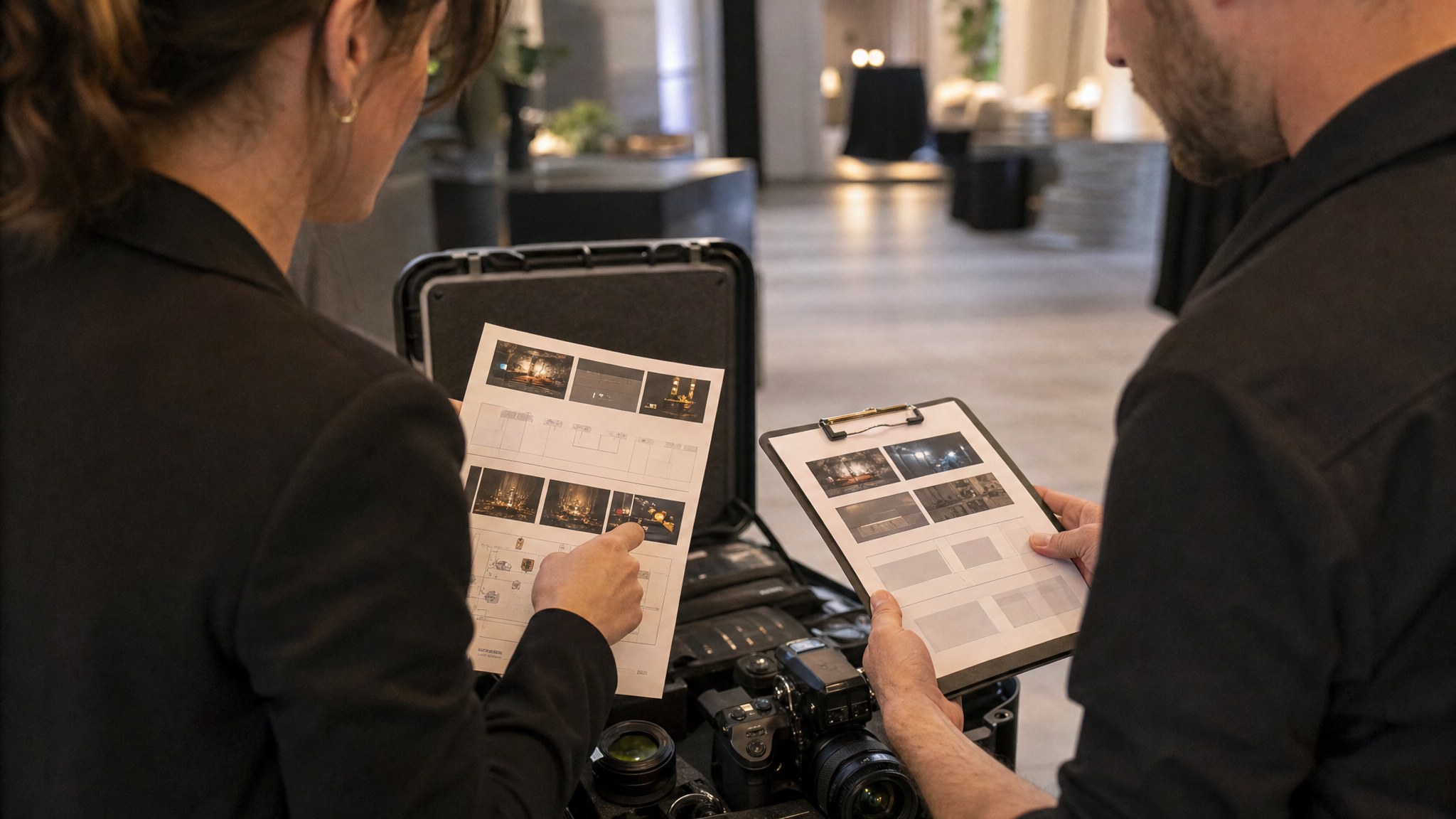 Event producer and videographer reviewing visual priorities before an event
