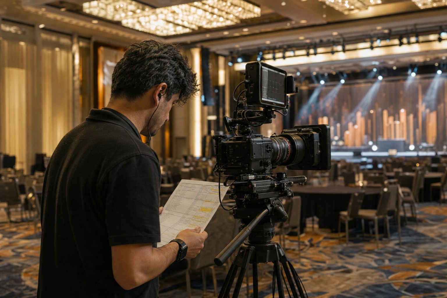 Videographer reviewing an event schedule beside a cinema camera in an empty ballroom