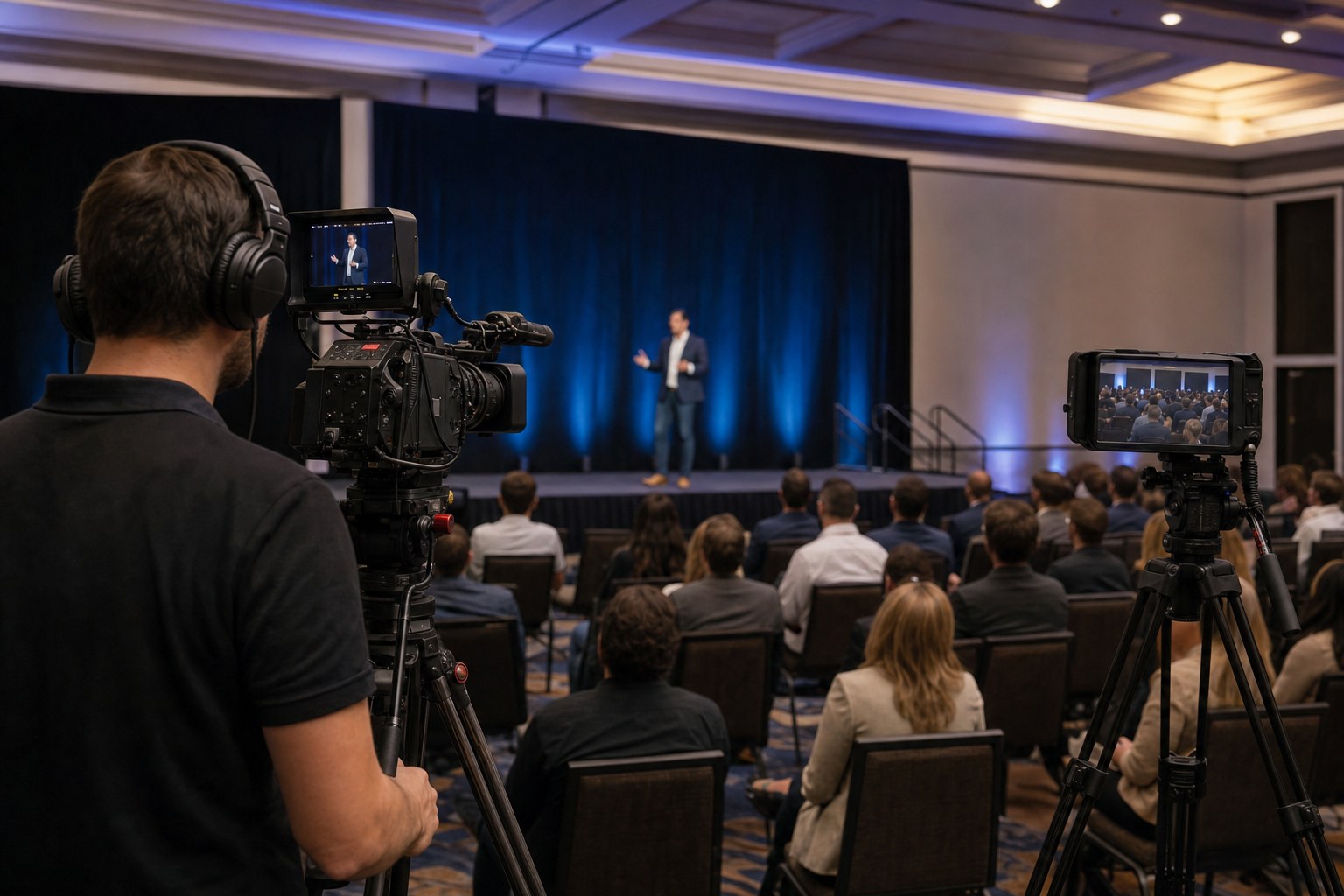 Two cameras filming a speaker and audience during a conference presentation