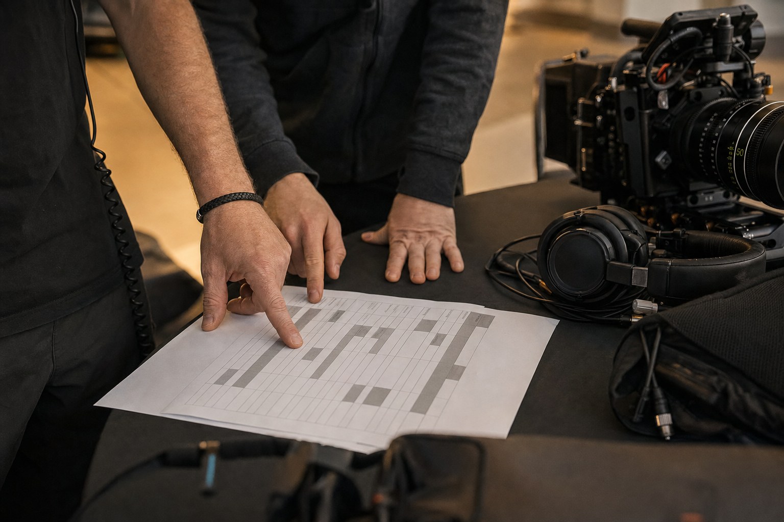 Event video team reviewing a visual run of show beside a cinema camera and headphones