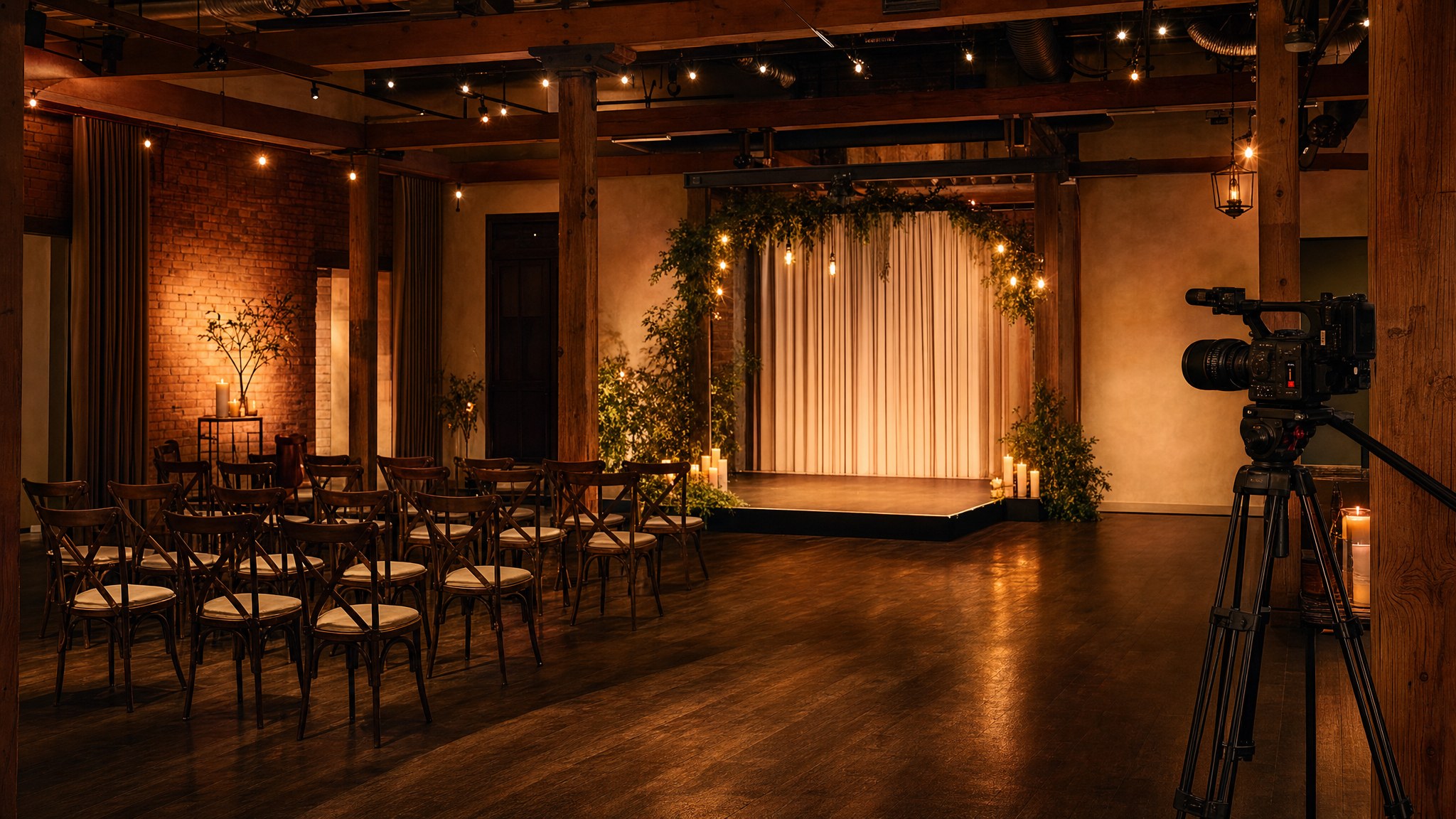 Prepared event venue with a camera ready for coverage