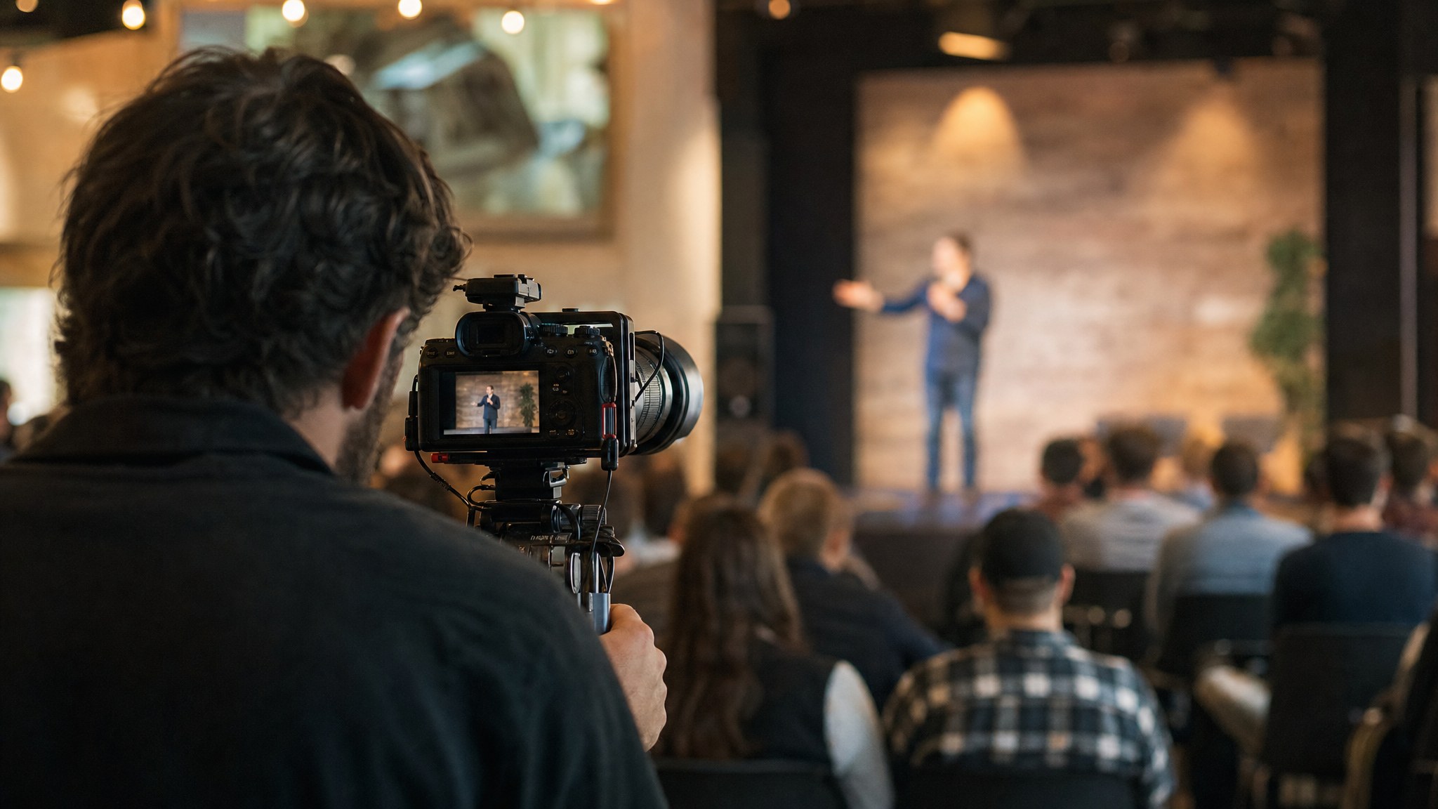 Videographer filming a speaker during a live event