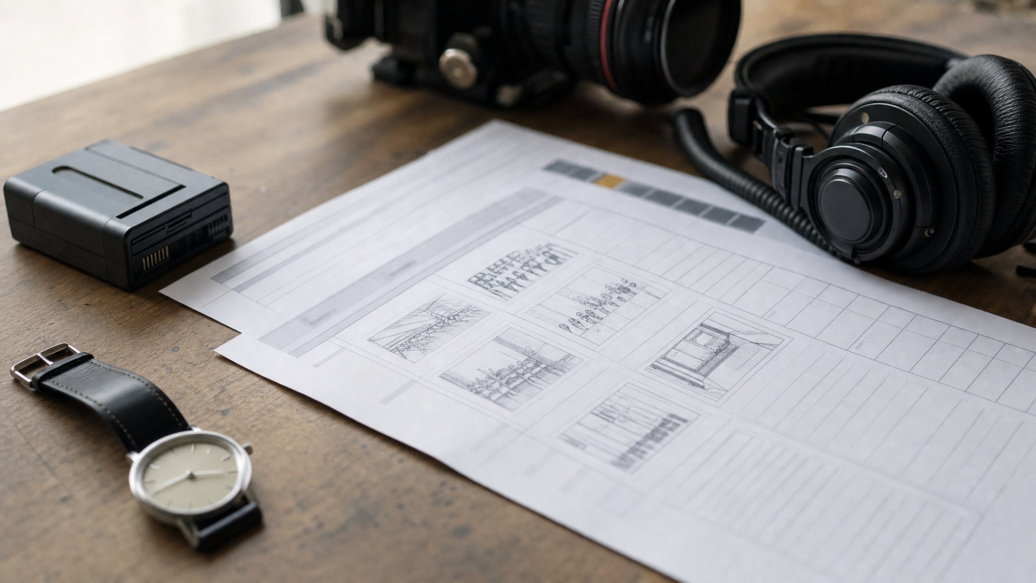 Production planning sheets beside headphones and camera equipment